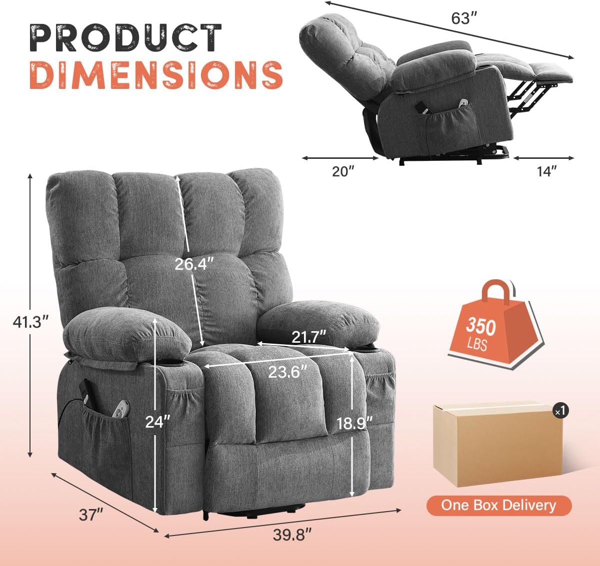 BOSMILLER Power Lift Recliner Chair with Massage and Heat for Elderly, Electric Recliner Single Sofa with Two Cup Holders, Extended Footrest, Side Pocket and USB Charge Port for Living Room