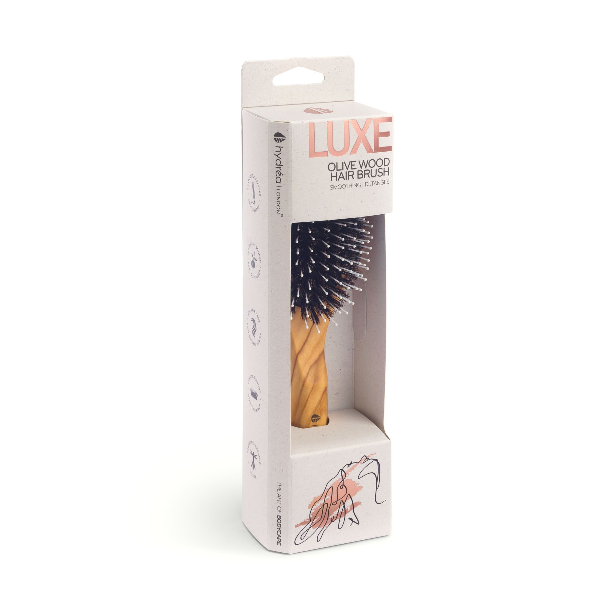 Hydrea London Luxe Olive Wood Hair Brush with Boar Bristles and Pins with Rubber Cushion for Smooth Detangle