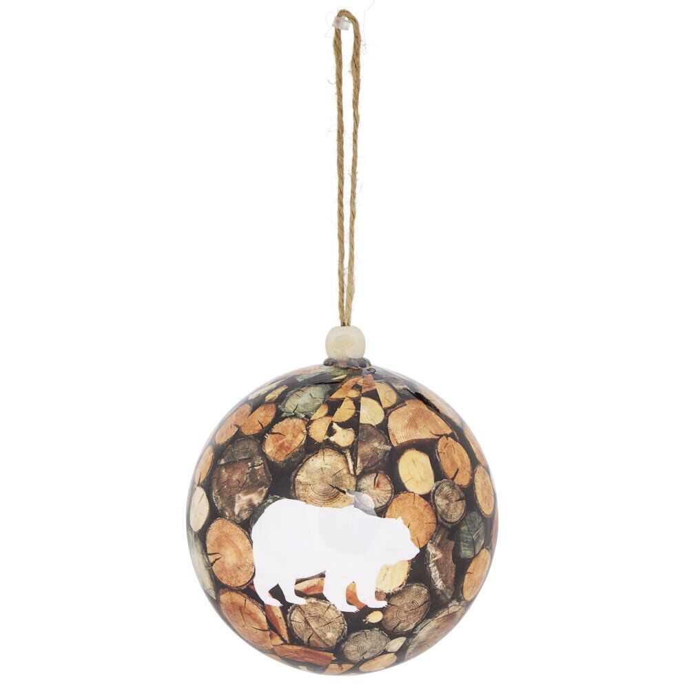 Boule de No&euml;l champêtre motif ours et rondin marron Ø12cm