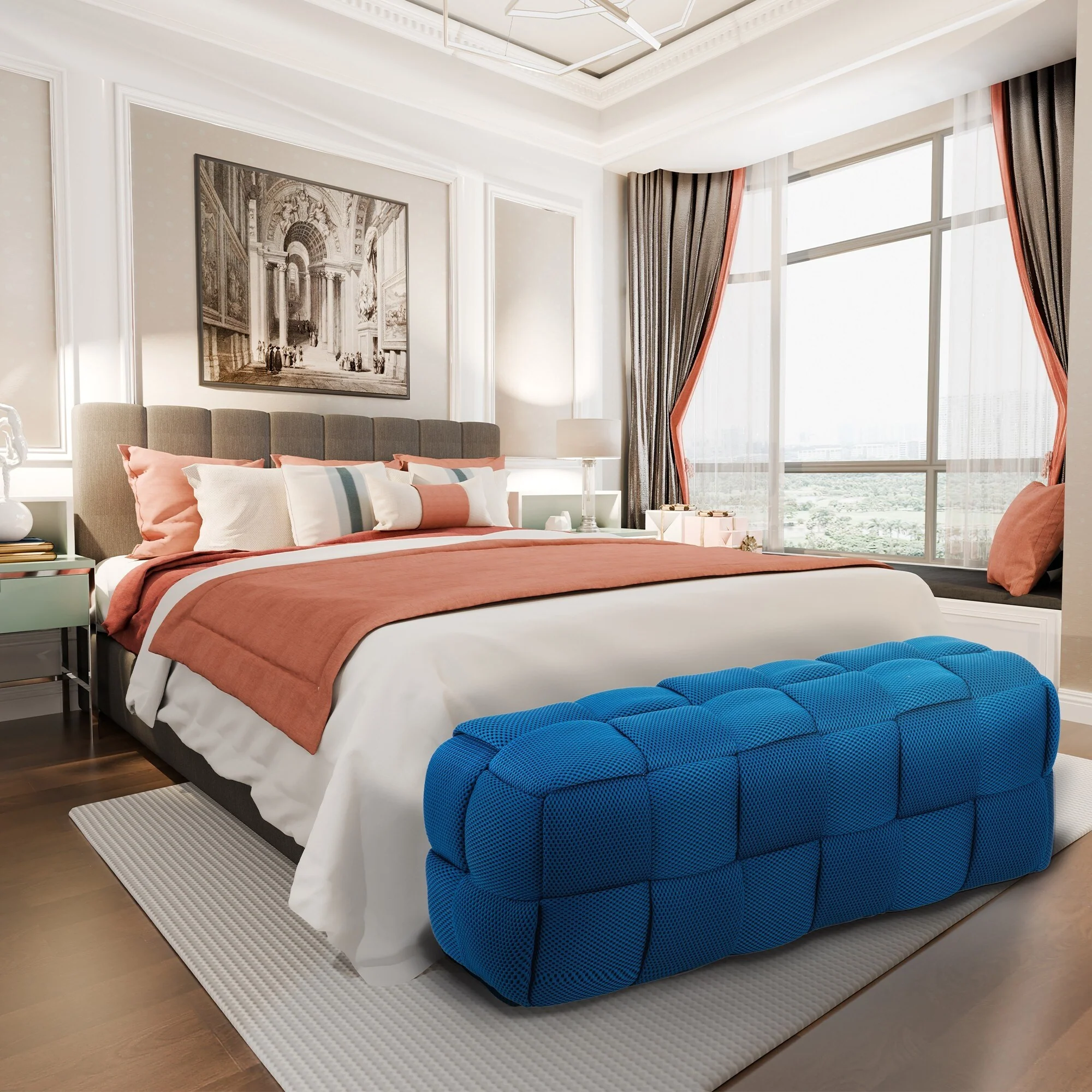 Modern 3D Breathable Fabric Large Ottoman Bench