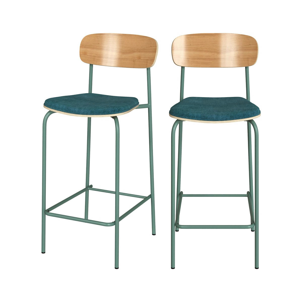 LOUNA - Chaise de bar en bois clair et tissu bleu 66.5 cm (lot de 2)