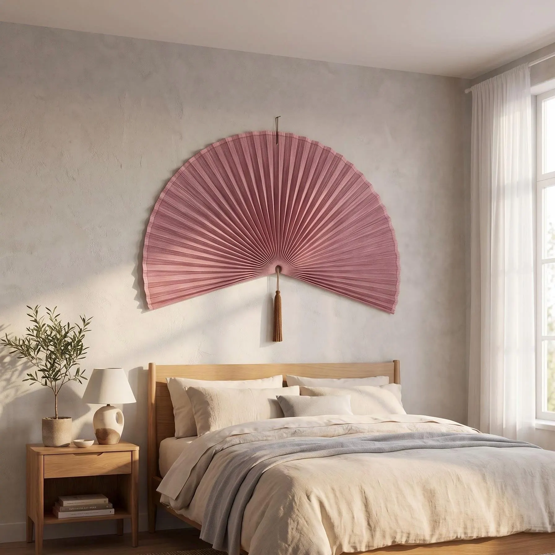 Dusty Rose Boho Wall Fan, Large Fan Wall Decor Above Bed, Boho Headboard Decor Bedroom, Aesthetic Room Decor, Housewarming Gift for Her