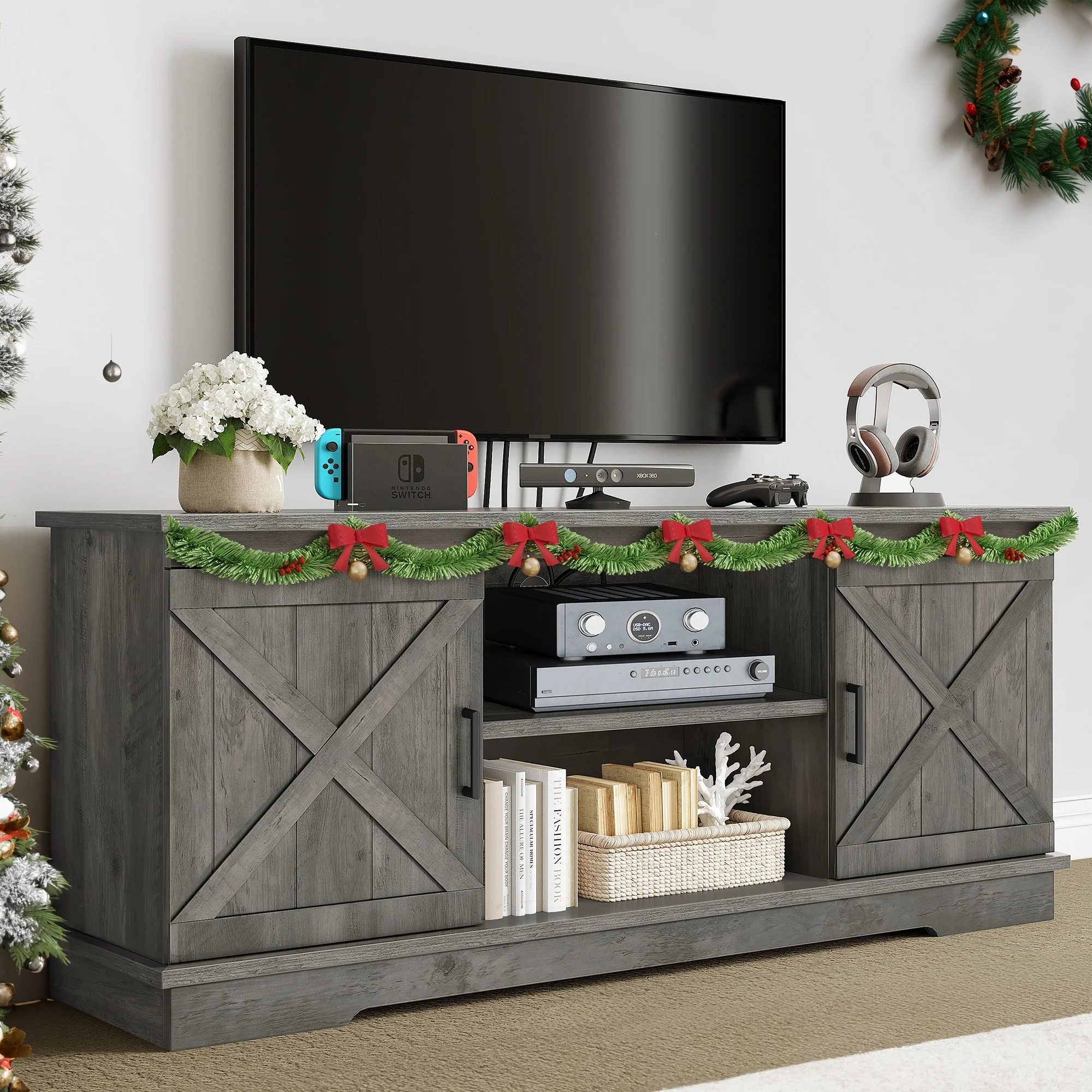 Moasis Farmhouse TV Stand with Barn Door Media Console Entertainment Center with Storage Cabinets