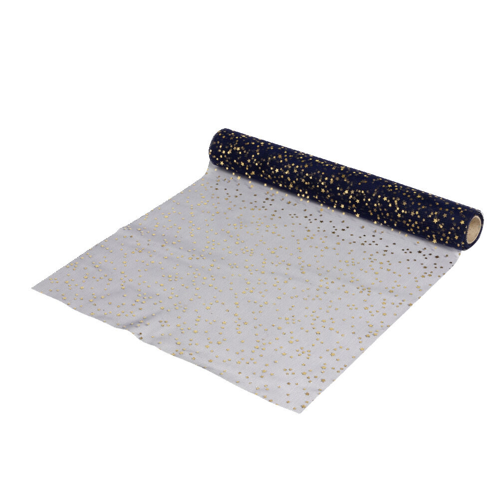 Chemin de table tulle bleu motif étoile dorée 3m