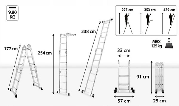 échelle universelle en aluminium DRABEST pour usage domestique, 4x3 échelons, 125 kg, 1 pièce