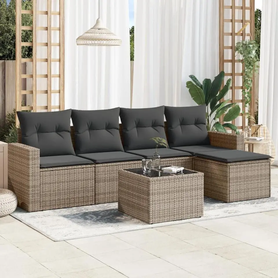 vidaXL Loungeset met kussens & tuintafel voor 5 personen - Grijs - Poly Rattan