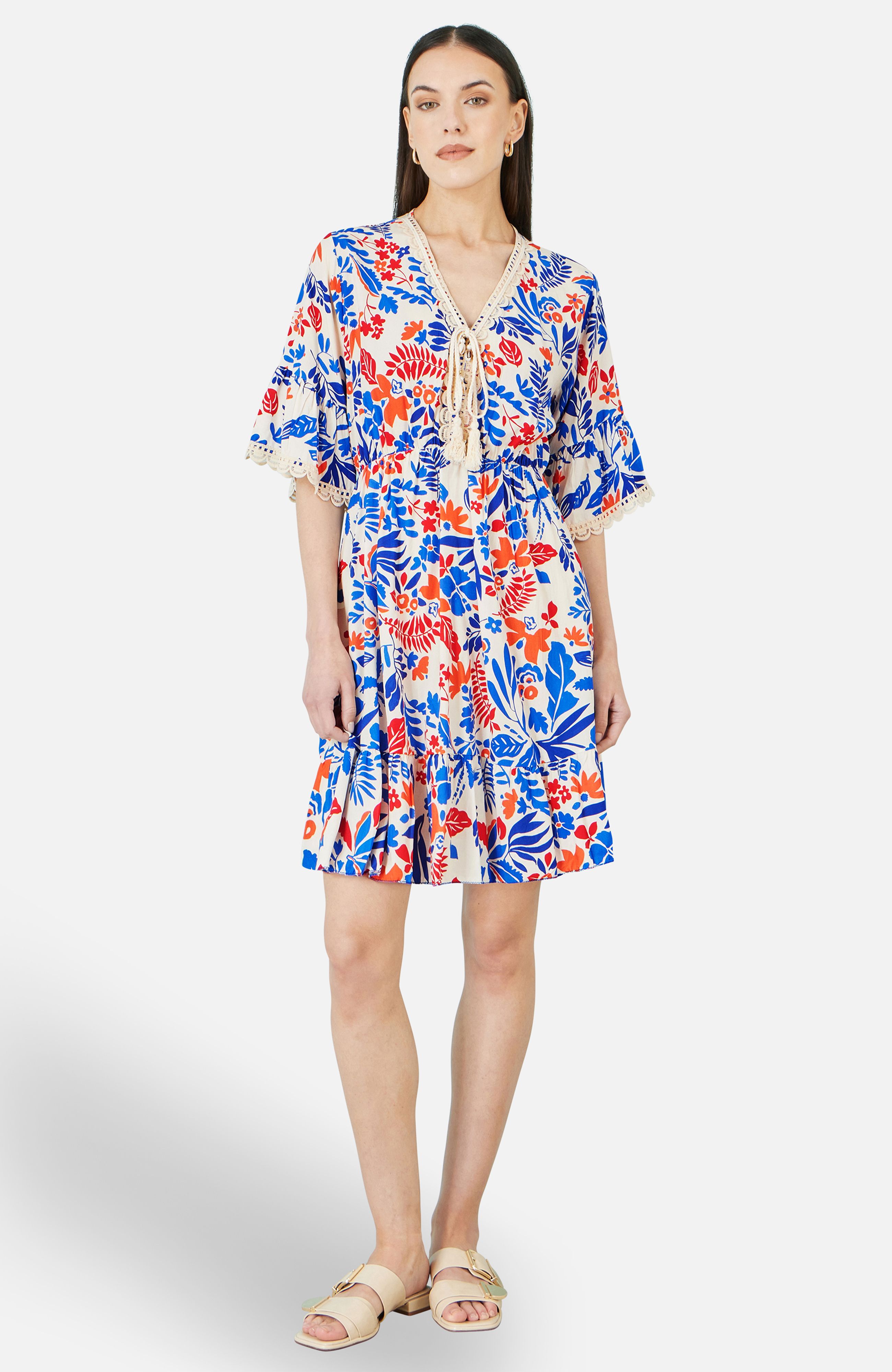 Yumi Multicolour Leaf Print Viscose Kimono Sleeve Tunic