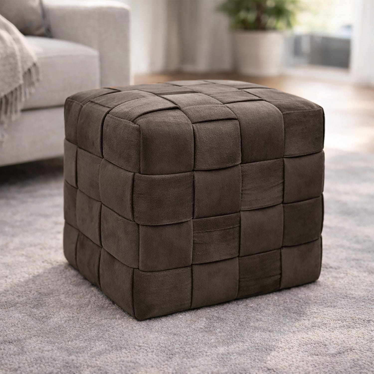 Pouf cubo intrecciato velluto marrone 41 cm