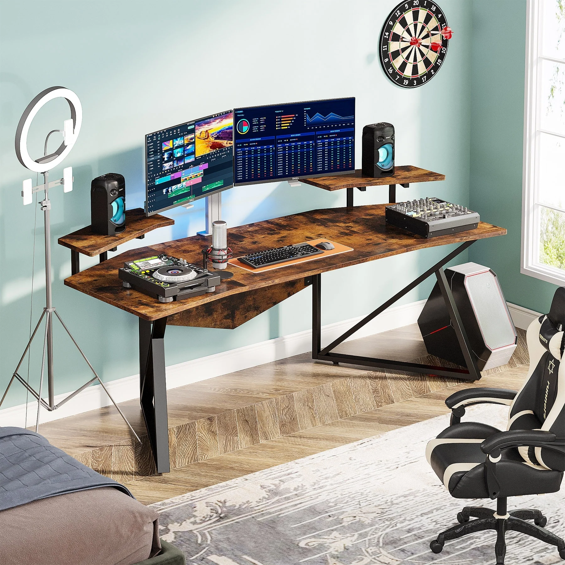 70.9 Computer Desk, Large Gaming Studio Desk with Monitor Stand For Home Office