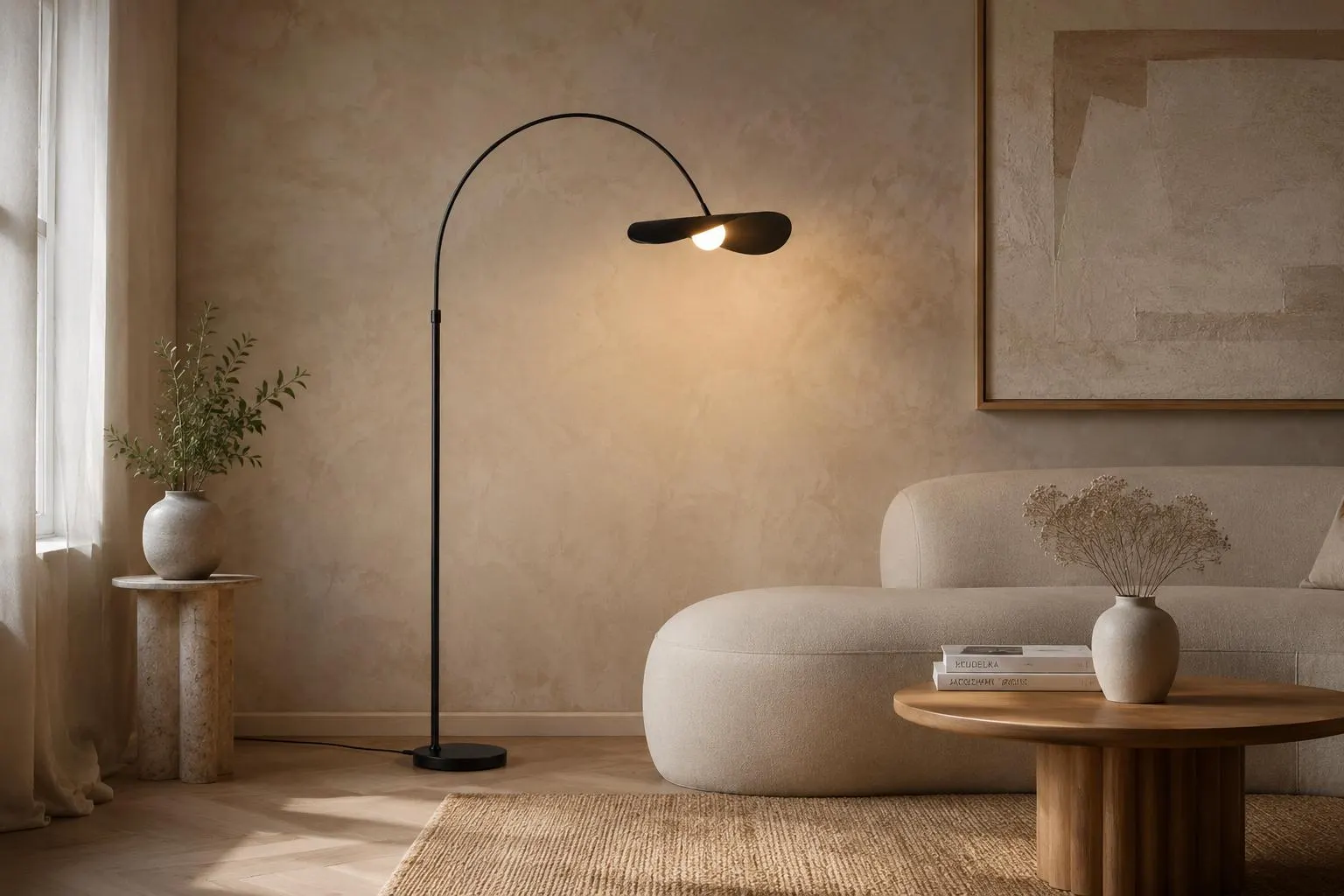Modern Arc Floor Lamp, Black Marble Base, Vintage Contemporary Standing Light, Ambient Lighting