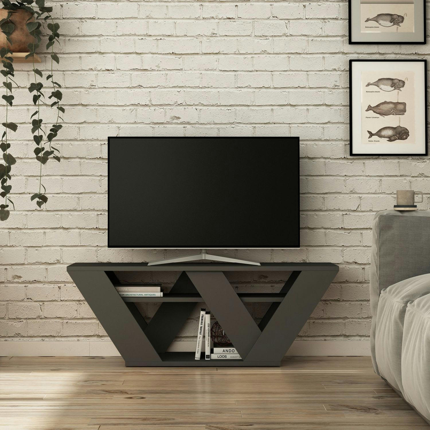 PRIPRALLA - Meuble TV design L. 110 x H. 40 cm gris anthracite