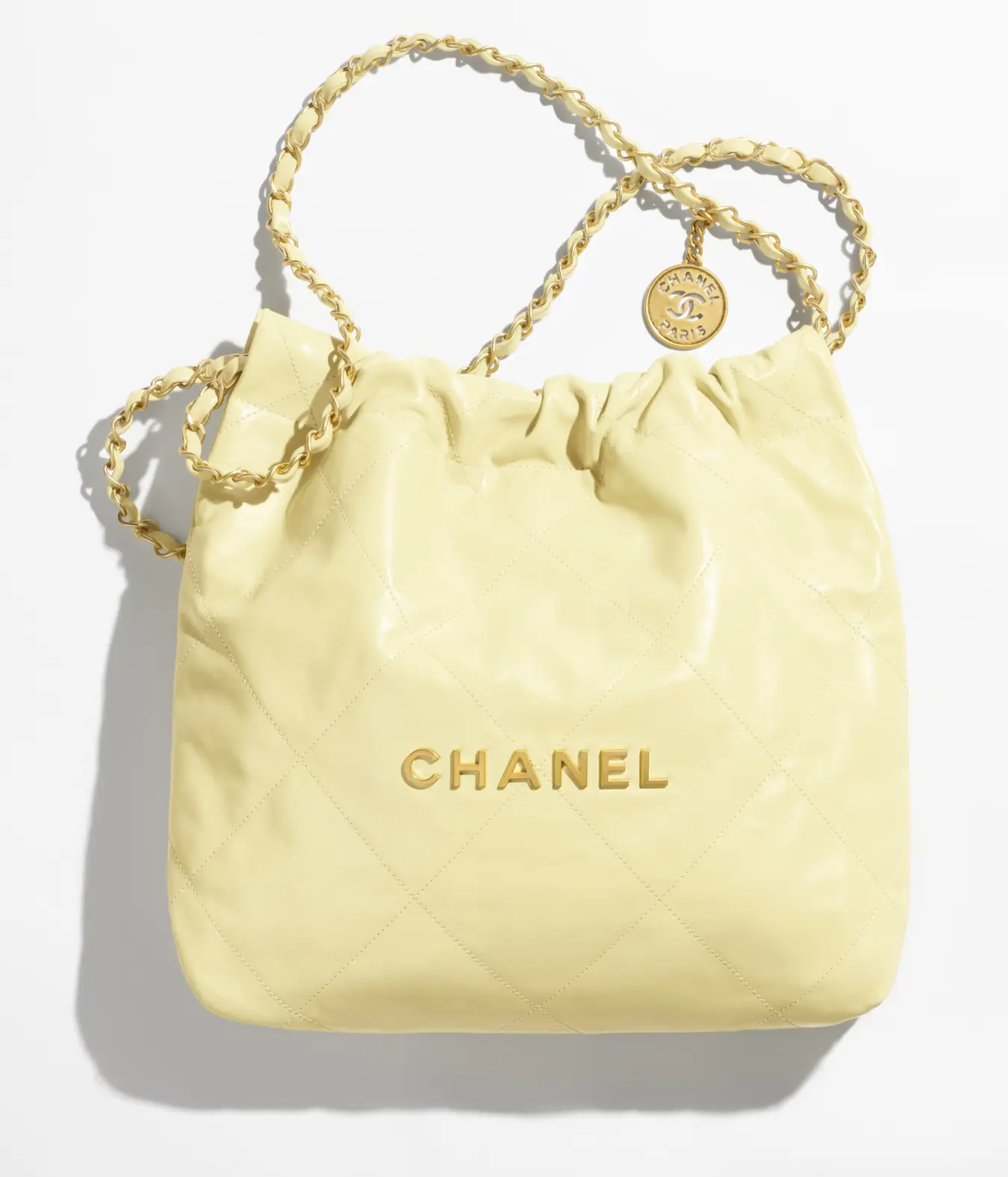 CHANEL 22 SMALL HANDBAG Shiny Calfskin & Gold-Tone Metal Light Yellow