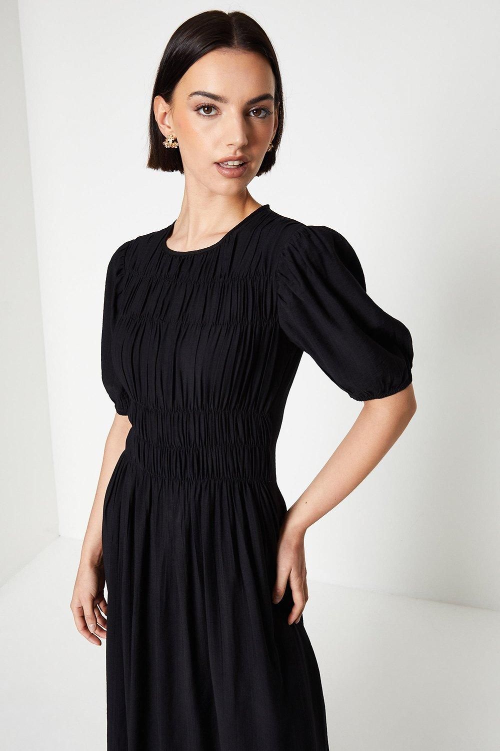 Oasis Shirred Bodice Puff Sleeve Midi Dress