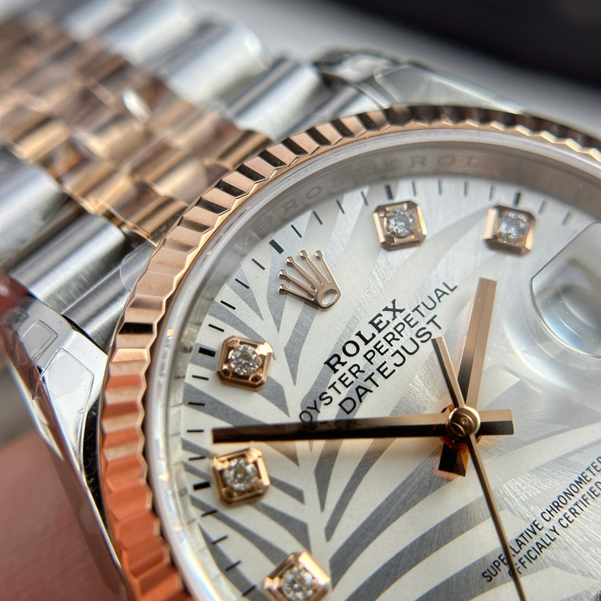 Rolex Datejust 126231 SS/RG Plated Silver Palm Dial CZ Diamonds 36mm Jub Super Clone