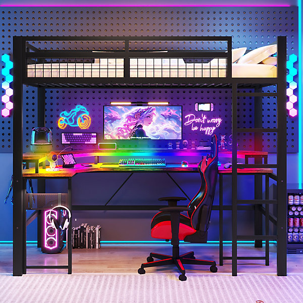 Lit Mezzanine 90x200 cm - Bureau Intégré, éclairage LED Réglable et Panneau Perforé - USB, Type-C et 2 Prises - Métal   MDF - Noir