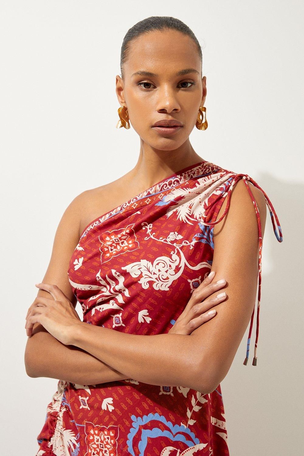 KarenMillen Printed Cotton Voile One Shoulder Midi Beach Dress