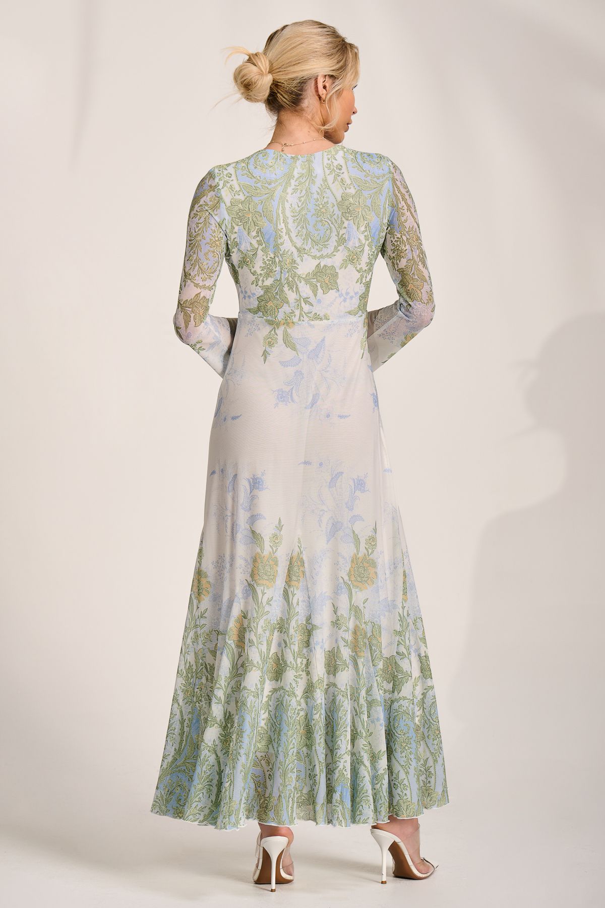 Jolie Moi Long Sleeve Godet Mesh Maxi Dress
