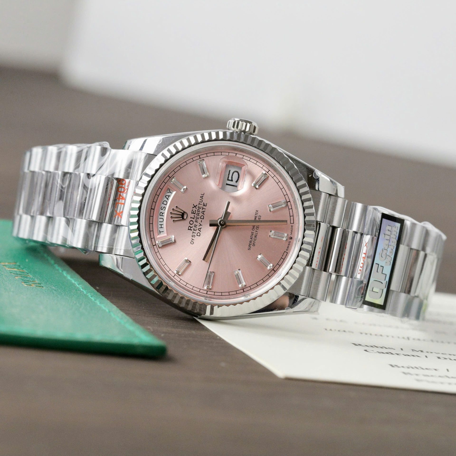Rolex Day-Date 128236 904L Steel Pink Dial CZ Diamonds 36mm Super Clone