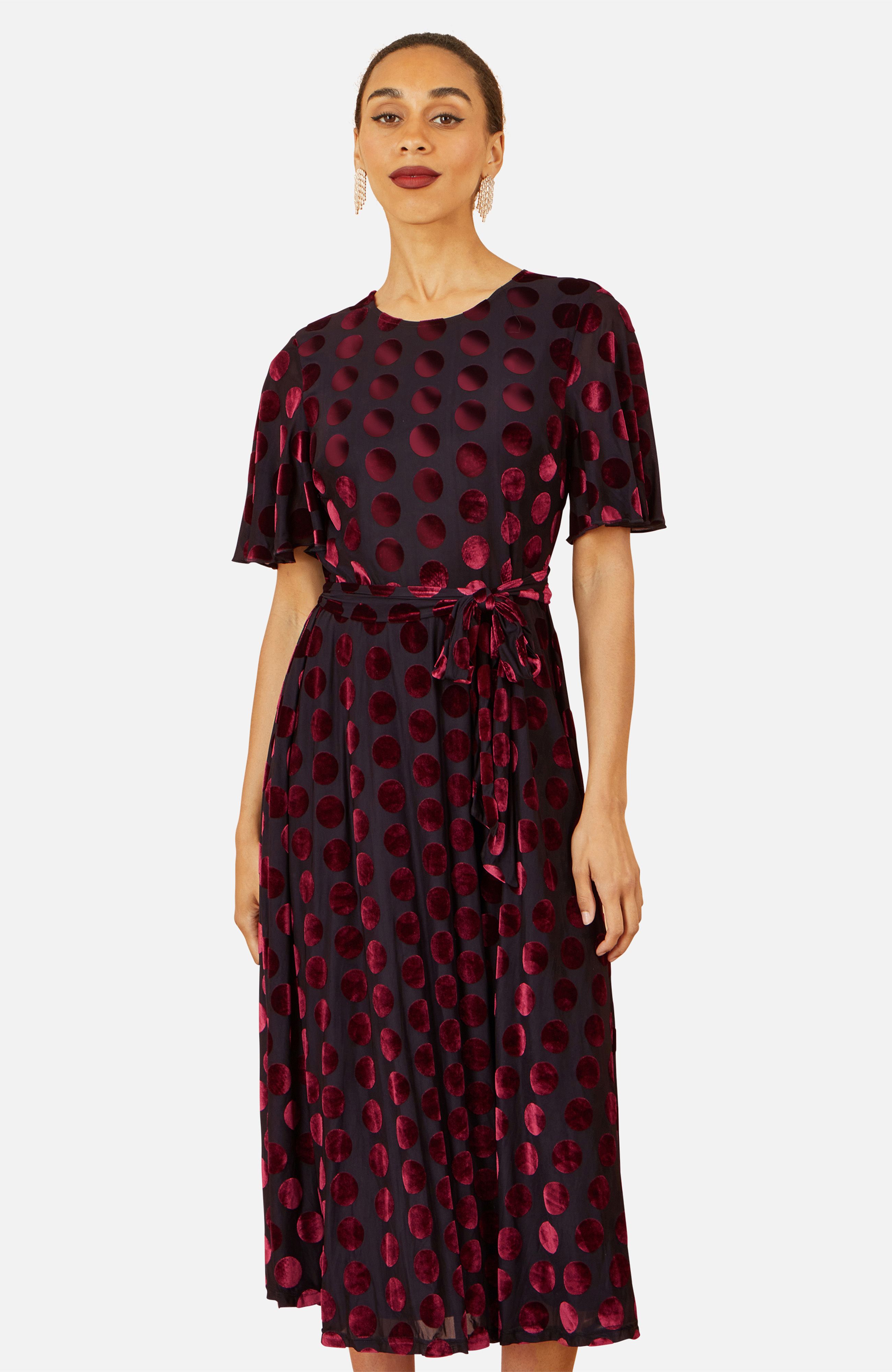Yumi Burgundy Velour Spot Midi Skater Dress