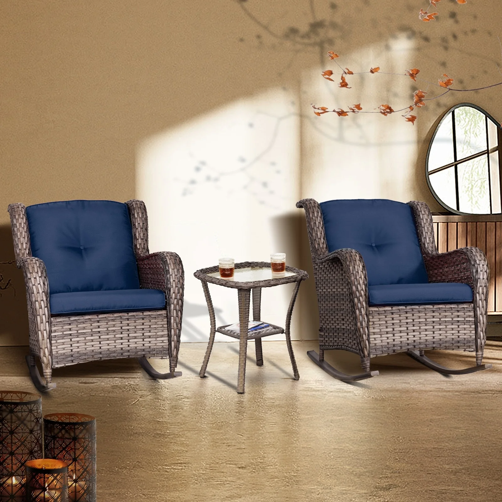 Cozywor 3-Piece Patio Wicker Outdoor Rocking Chair Set