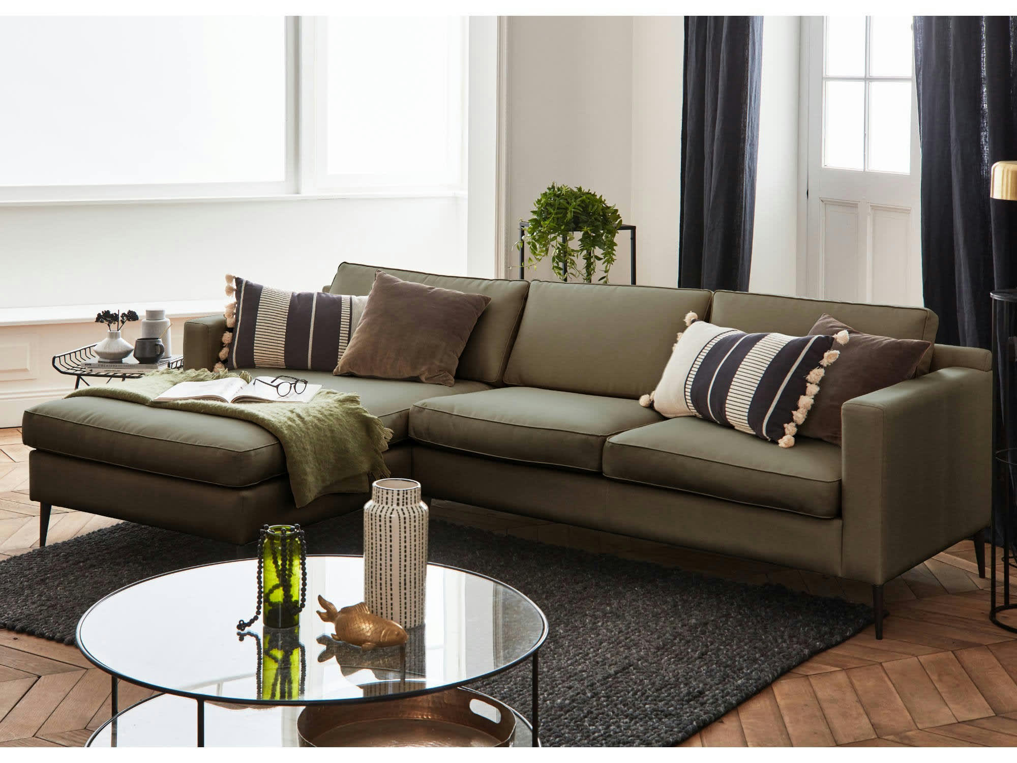 CALLIOPE - Canapé d'angle gauche 4 places en tissu vert