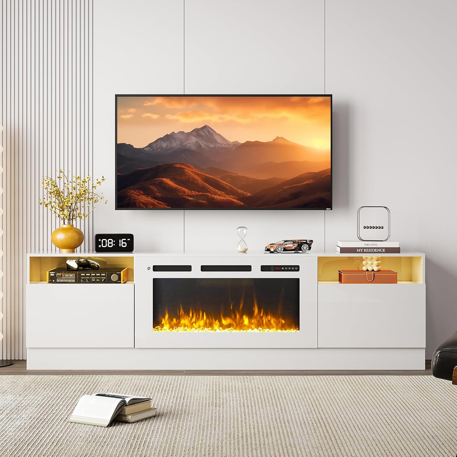 70 Fireplace TV Stand, LED Light Entertainment Center for TVs Up to 80, High-Gloss Door, Modern TV Console for Living Room with Storage Cabinet, White+White