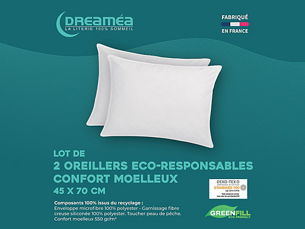 Lot de 2 oreillers recyclés 45 x 70 cm de DREAMEA - Enveloppe 100% microfibre - ROSA
