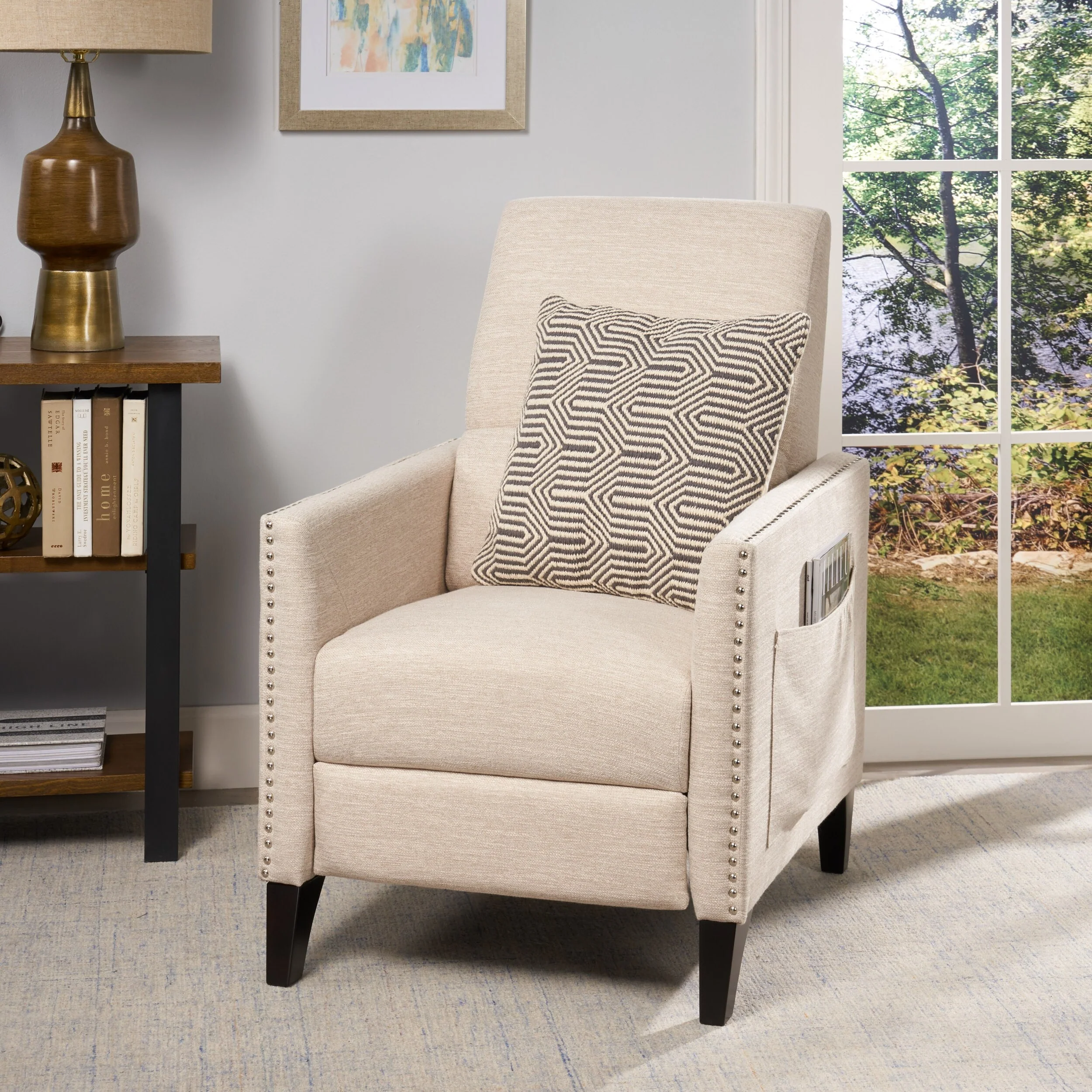 Modern Fabric Upholstered Push-Back Recliner with Footrest, Nailhead Accents, Birch Wood Legs