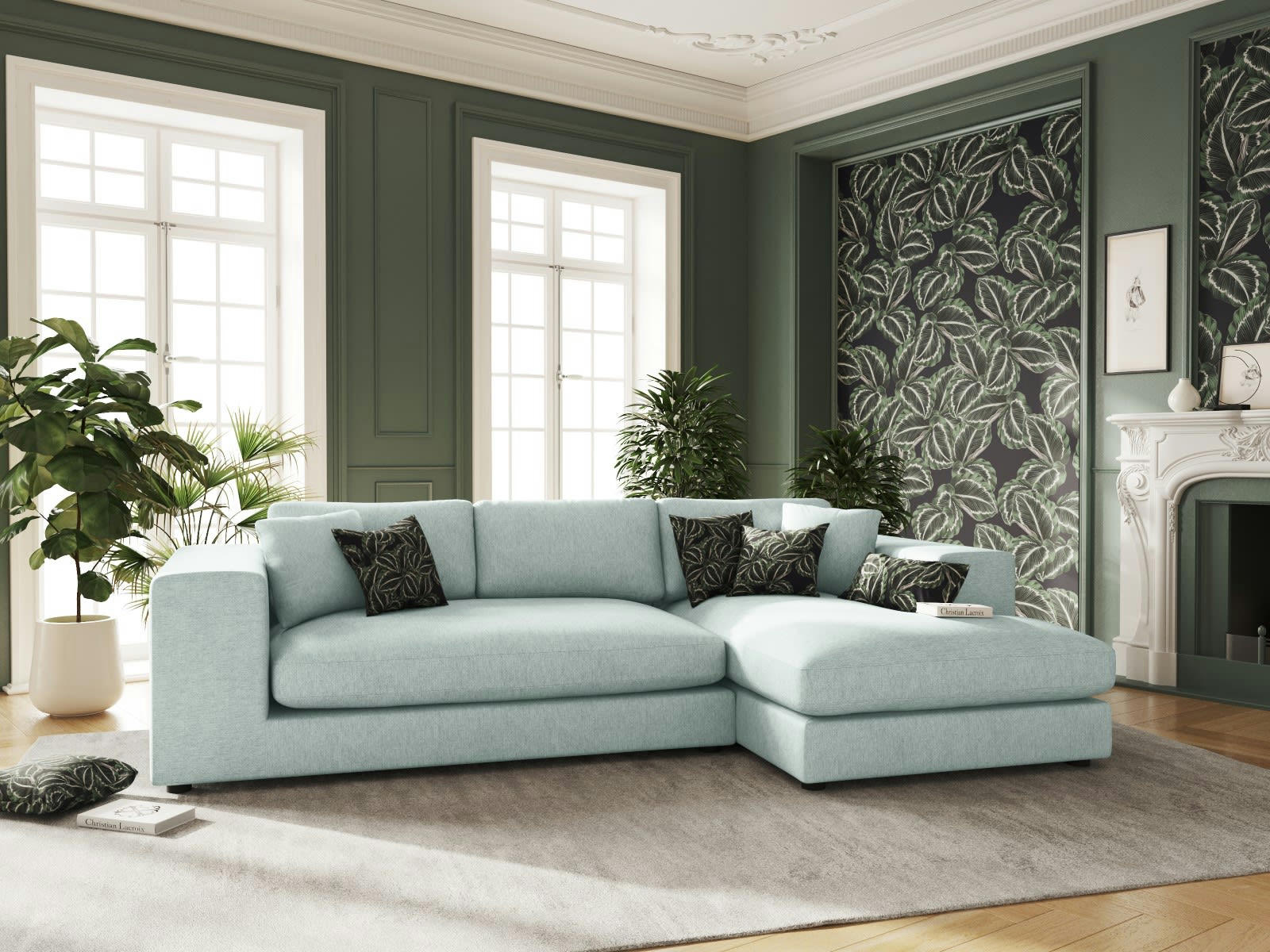 TENDANCE - Canapé d'angle 5 places en tissu structuré menthe