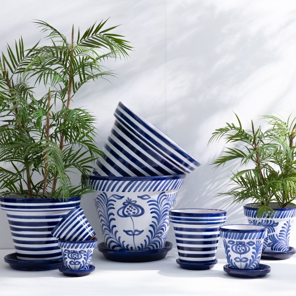 J-Line bloempot Granada Stripes Handmade   Painted - keramiek - blauw - extra small - Ø 17 cm