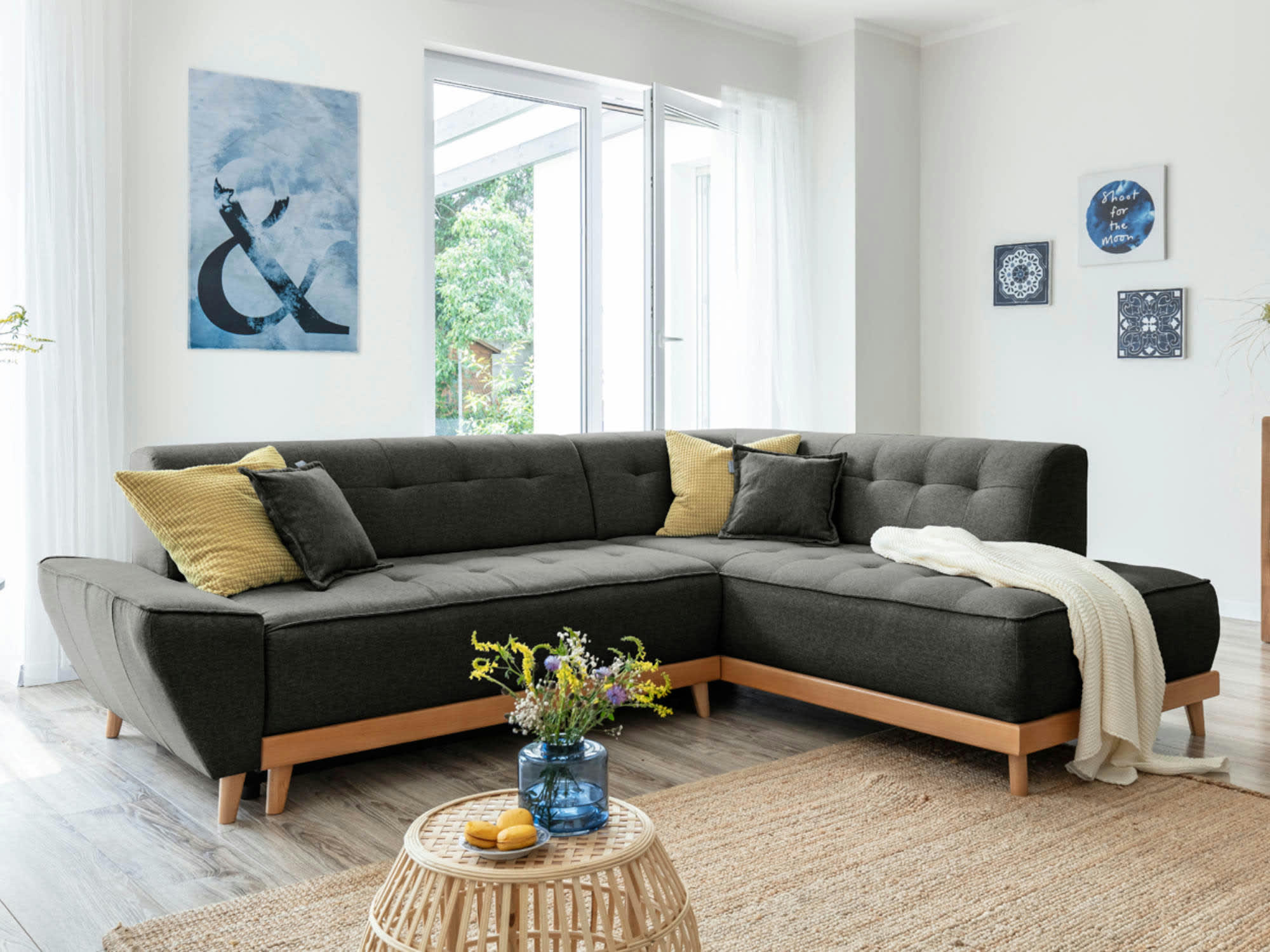 DAISY - Canapé d'angle droit convertible 5 places en tissu gris foncé