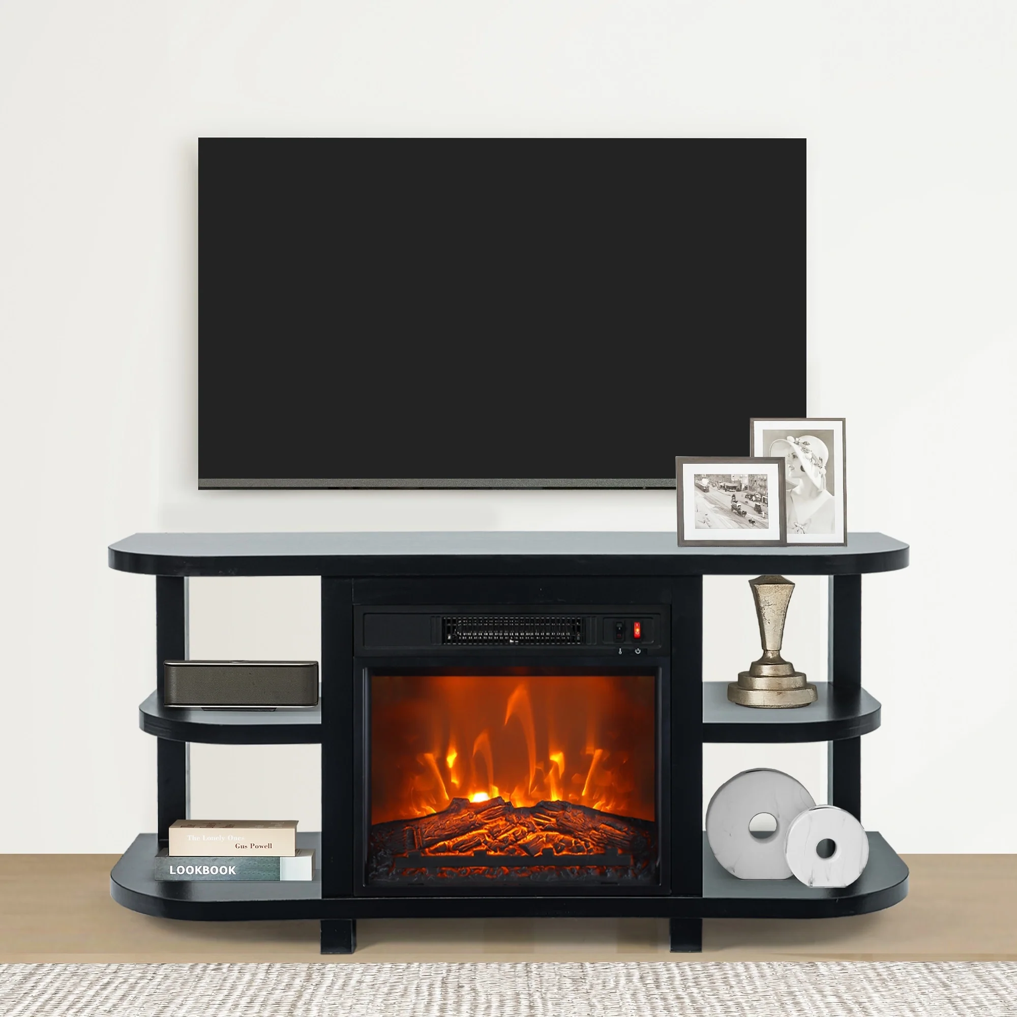 48 Modern Black Electric Fireplace TV Stands Media Console for TVs up to 55