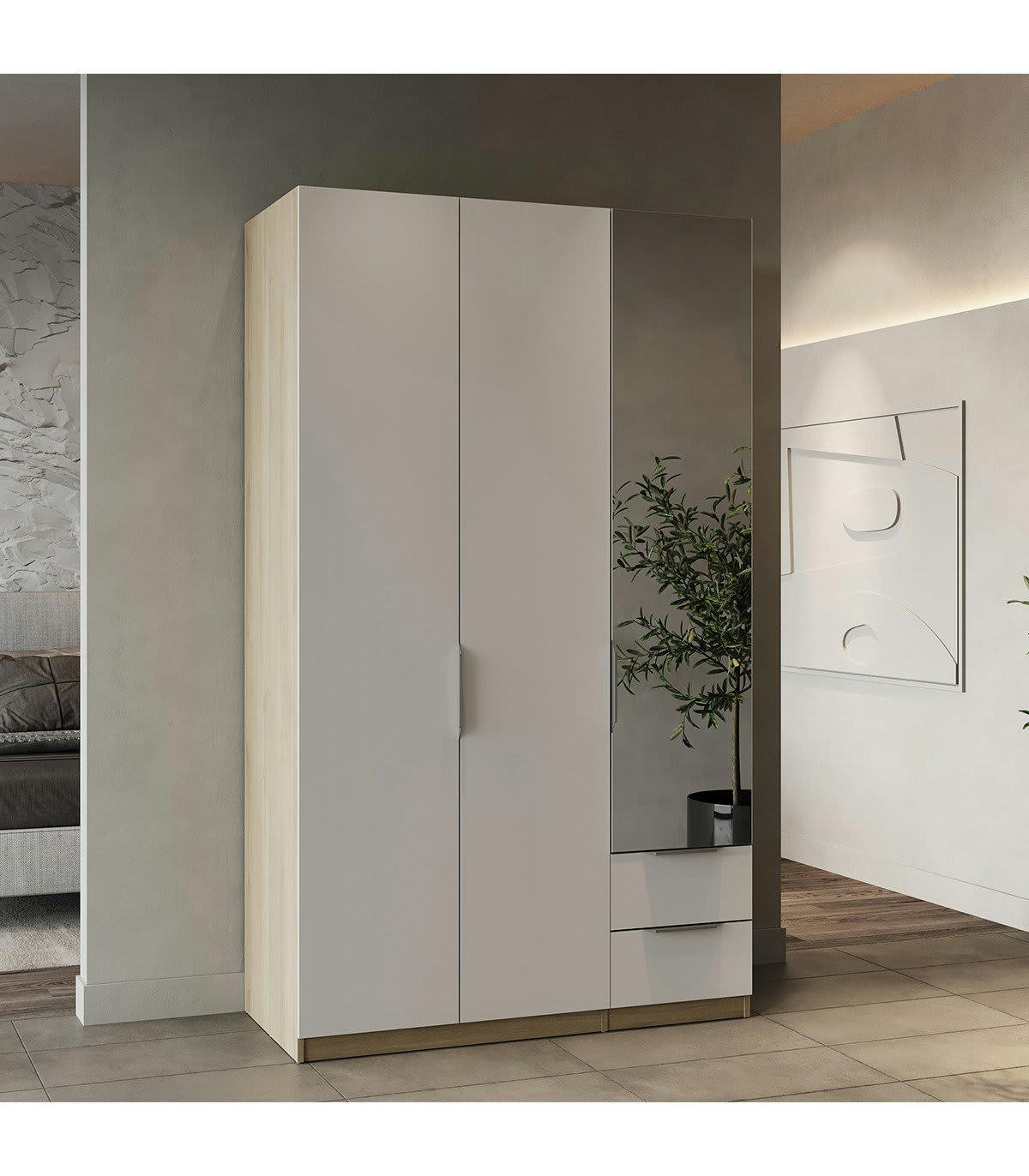 GHOST - Armoire 3 portes, 2 tiroirs et 1 miroir - L119,4 cm