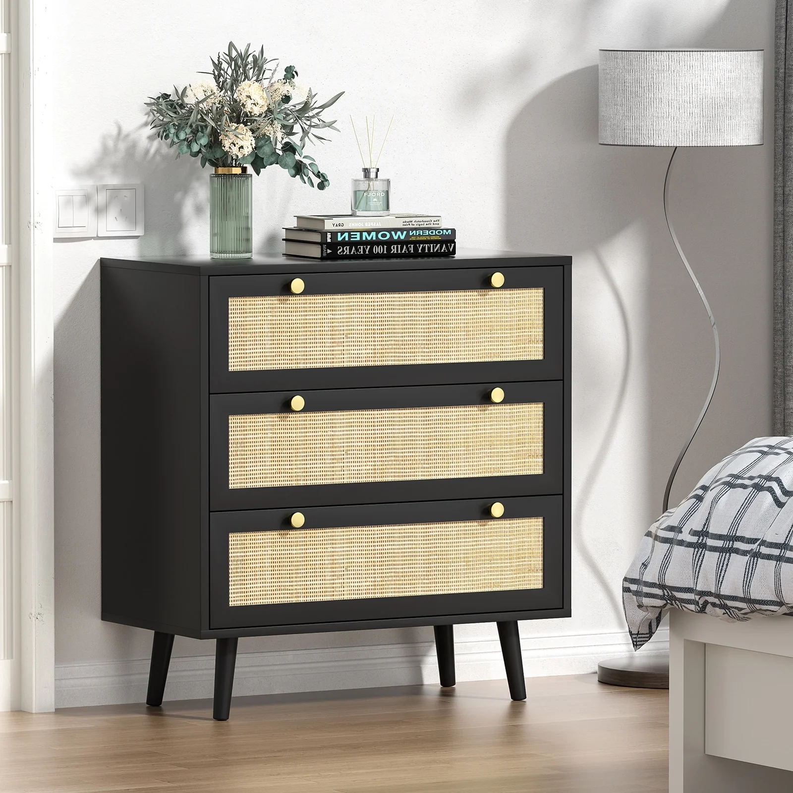 Anmytek Modern 3-Drawer Black Dresser Rattan Chest of Drawers for Bedroom
