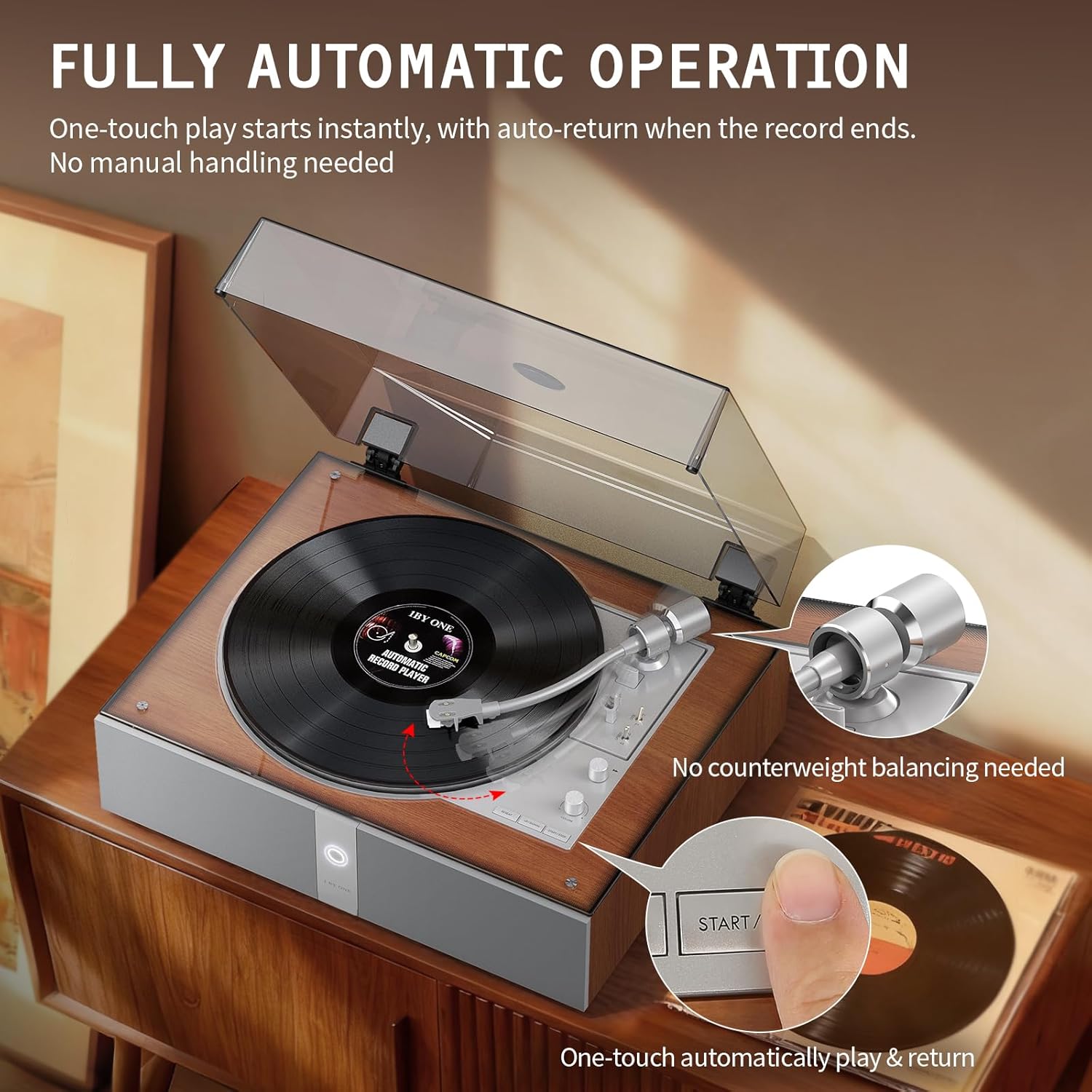 1 by ONE Fully Automatic Record Player  All-in-One Vinyl Turntable with Automatic Repeat Function  Remote Control  Built in Speakers& DSP  Phono Preamp  AT-3600L Cartridge  Belt Drive 2-Speeds