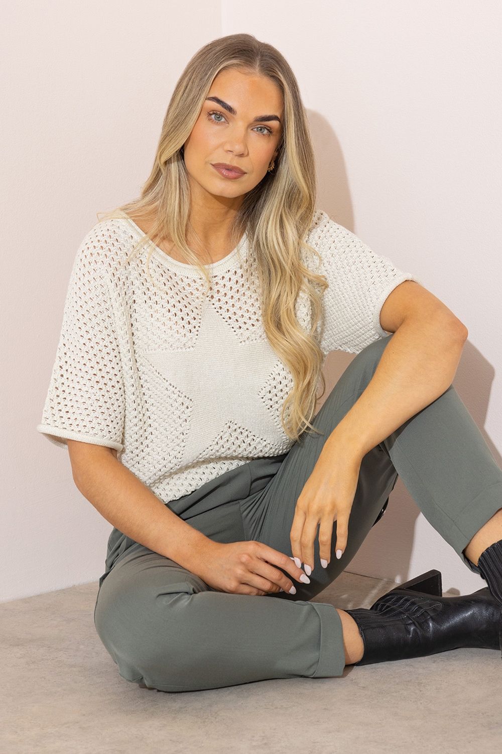 Klass. Shimmer Open Knit Short Sleeve Star Jumper