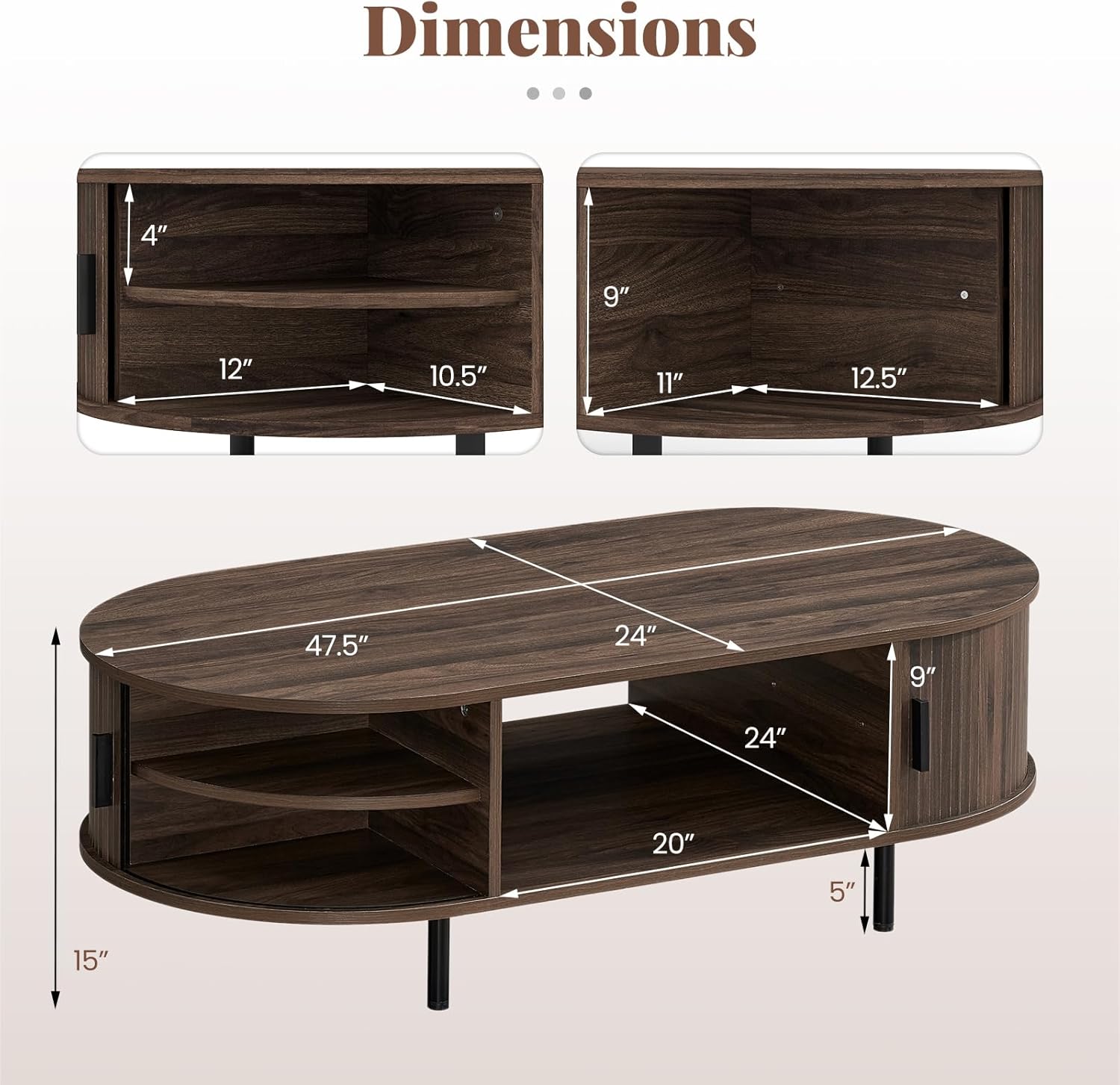Giantex Oval Coffee Table, 47.5 Mid Century Modern Center Table with Sliding Tambour Doors, Hidden Storage & Open Compartment, Fluted Wood Living Room Tables for Small Space (Walnut)