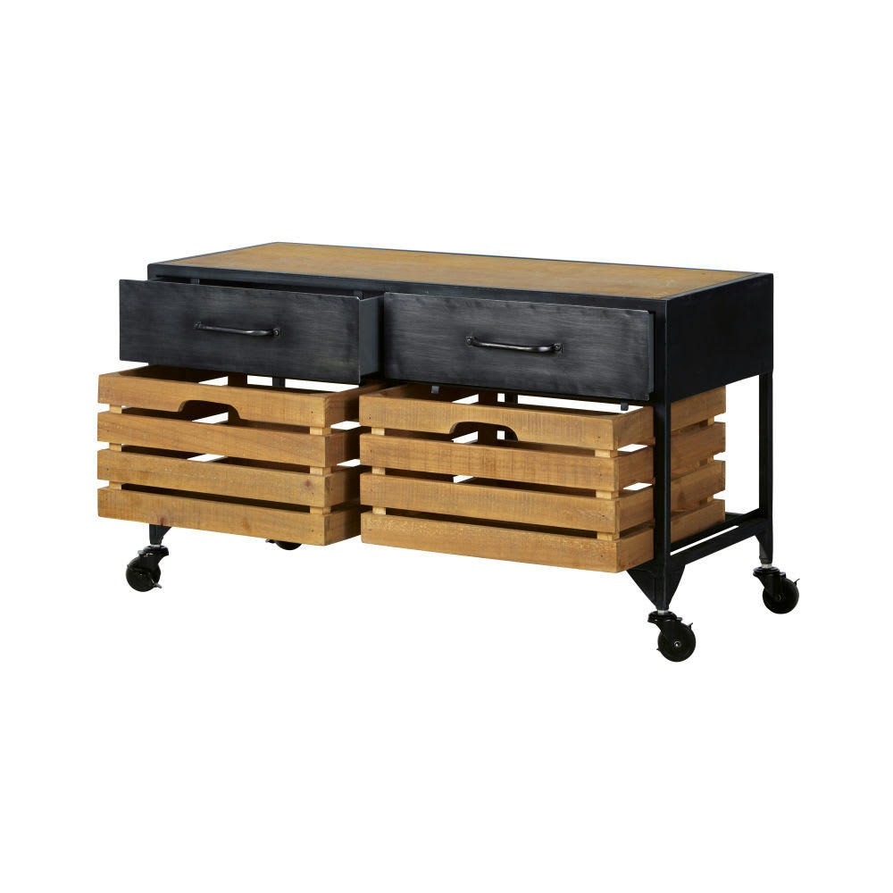 HARMAN - Banc d'entrée industriel 4 tiroirs en bois de pin, sapin et métal noir