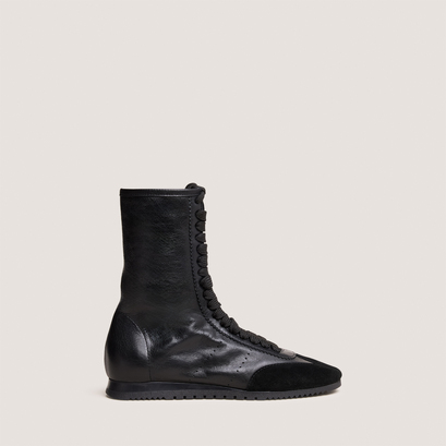 Baskets hautes à lacetsen croute et cuir noirs | DOUBONE