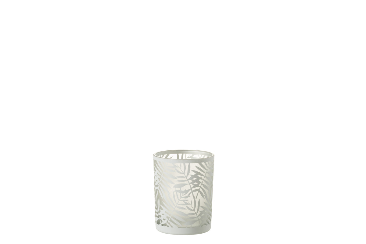 J-Line windlicht Bladeren - glas - wit - medium - 2 stuks