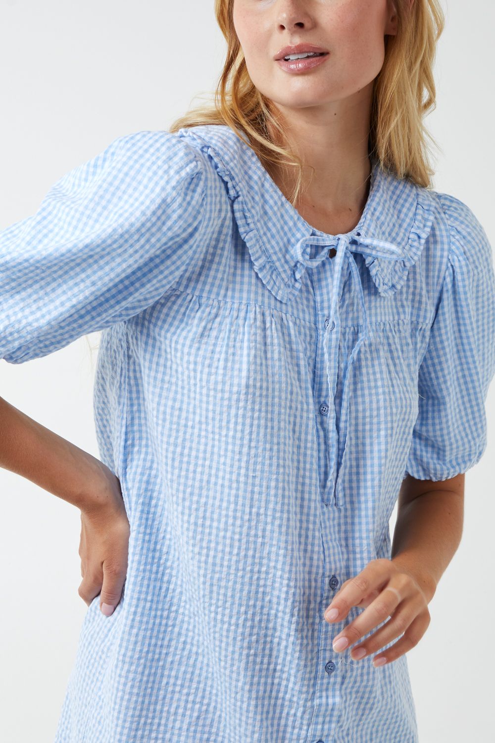 Blue Vanilla Shirt Dress With Plunge Ruffle