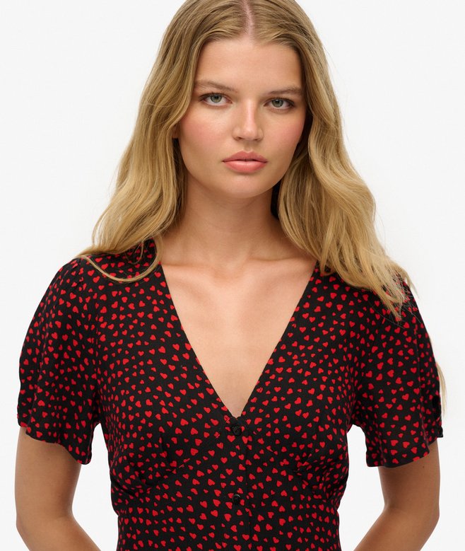 Printed Button-up Short Sleeve Midi Tea Dress