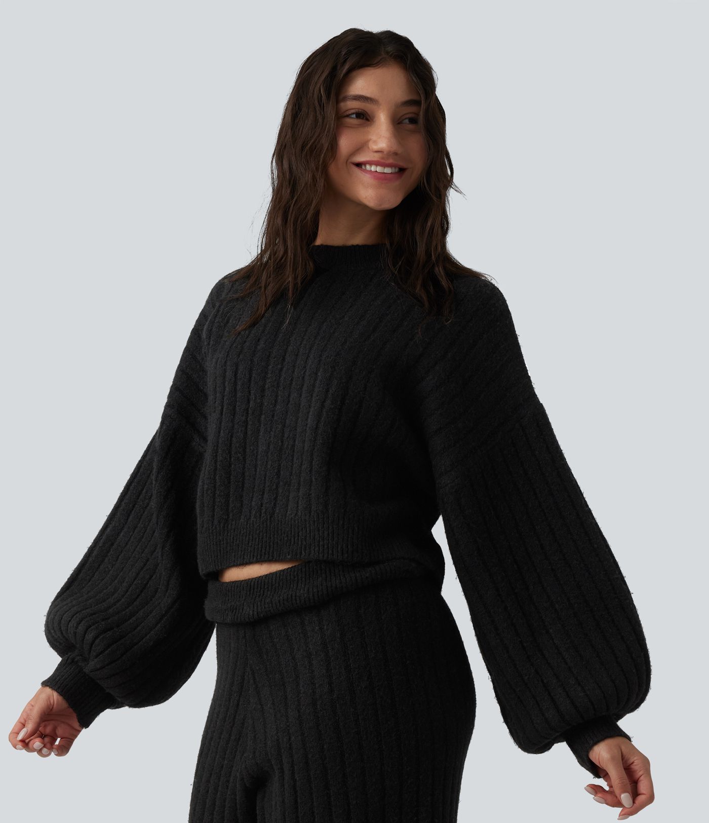 Pull décontracté à col rond et manches bouffantes