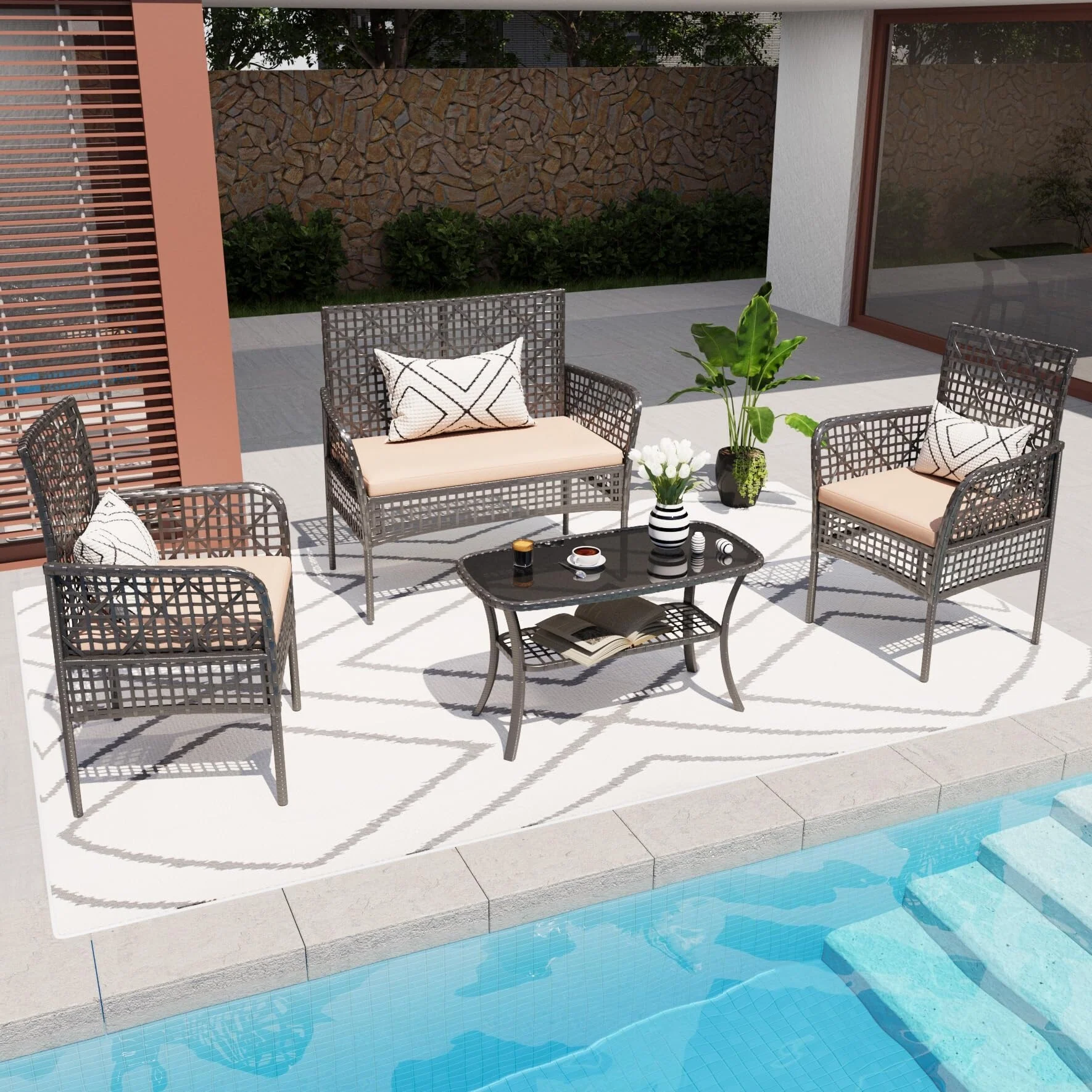 4 Pieces Outdoor Patio Furniture Set,PE Rattan Wicker Garden Conversation Chairs with Tempered Glass Table and Soft Cush