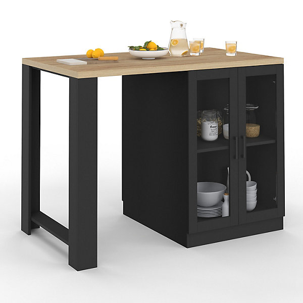 Ilot central LINO 120 cm 2 personnes bois noir avec plan de travail façon hêtre et portes vitrées