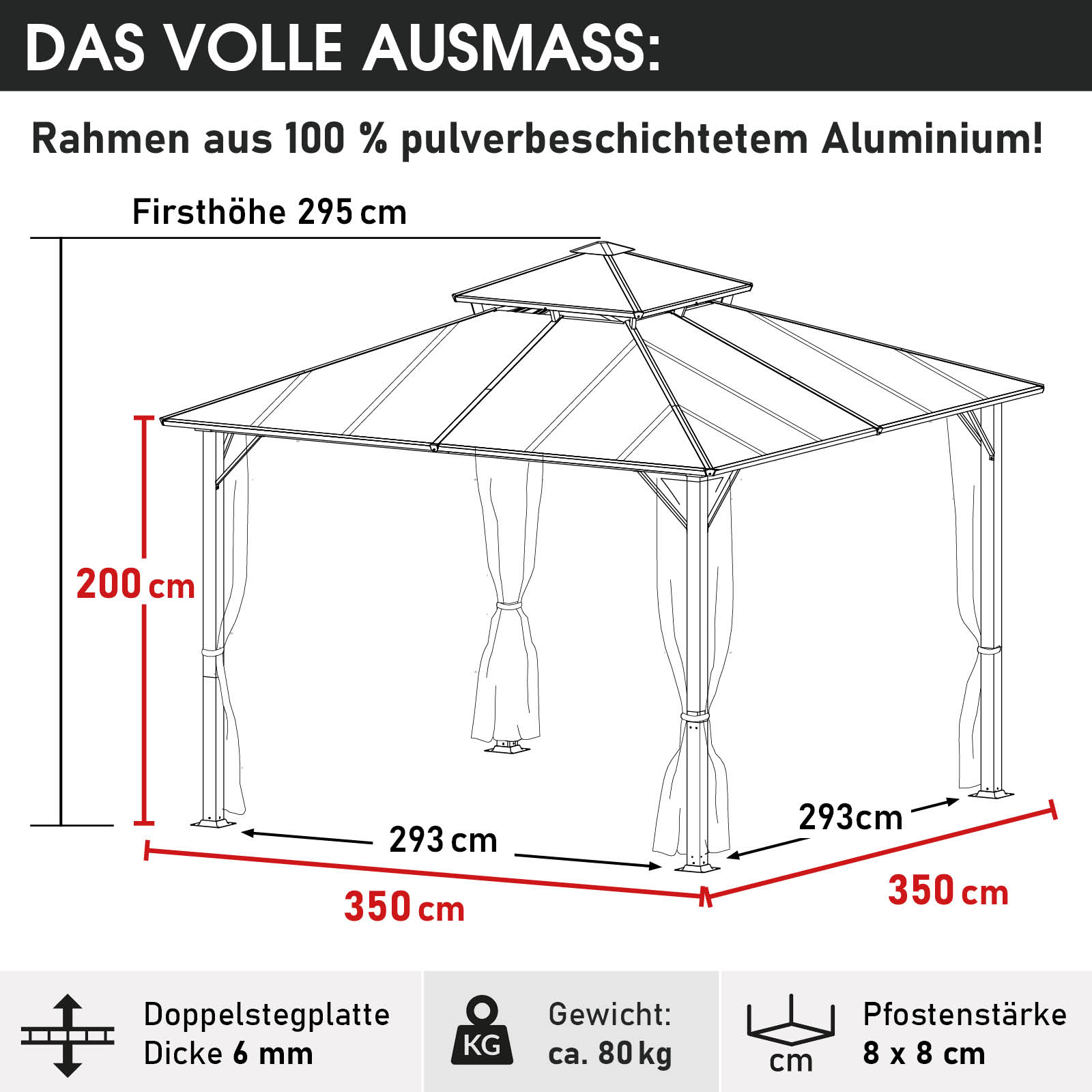 BRAST Alu Pavillon PAGODE 3,5x3,5m beige mit Moskitonetz & LED-Beleuchtung