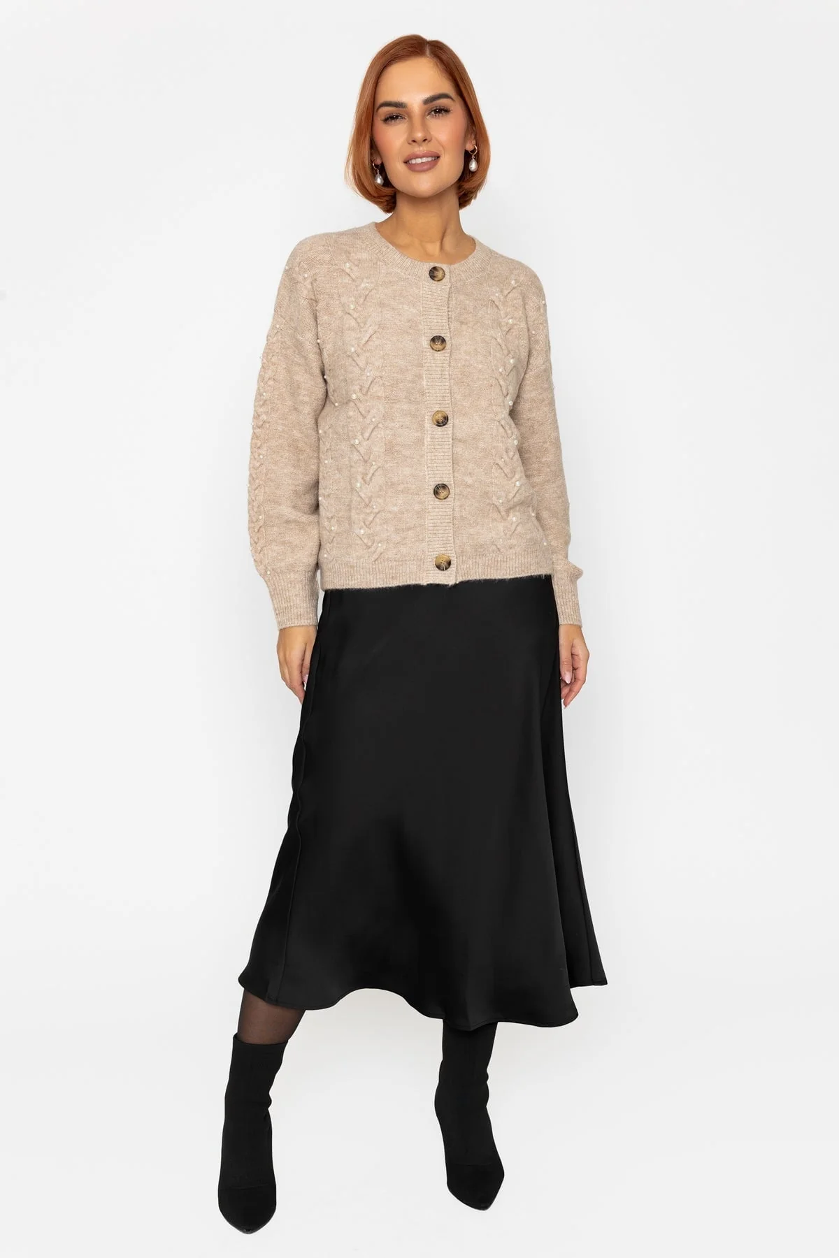 Beige Pearl Cable Knit Cardigan