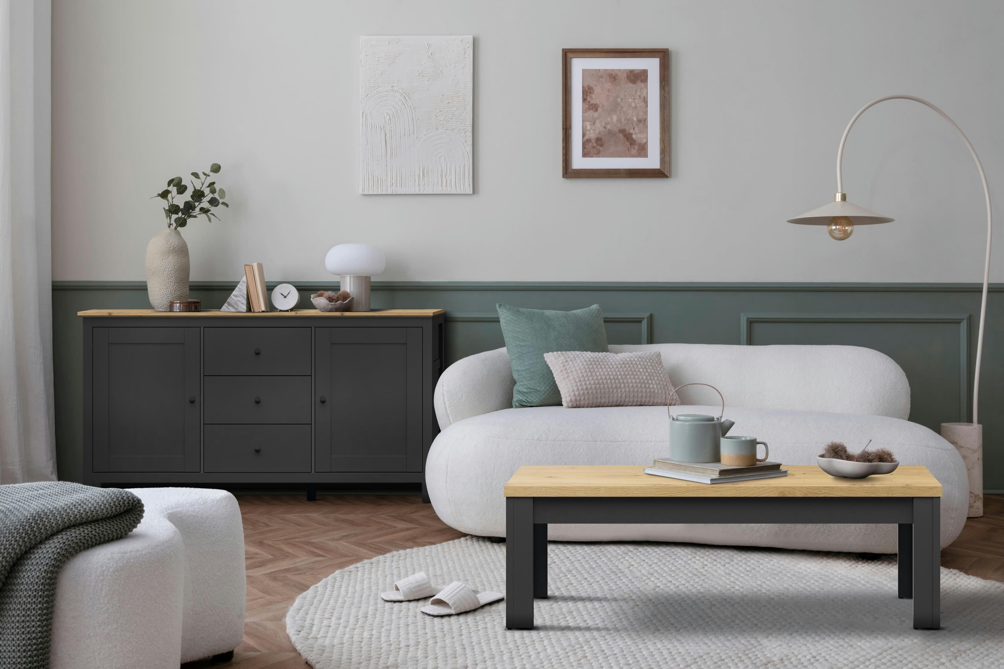 HESEN - Table basse  effet chêne et gris 130cm gris et chêne clair