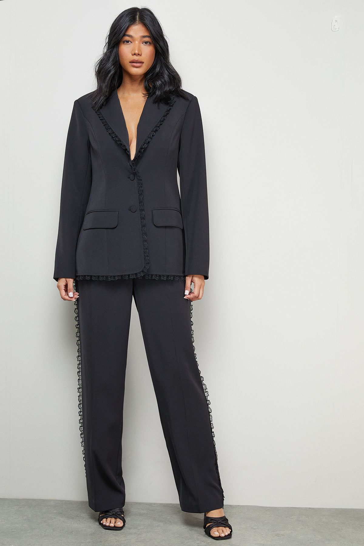 Warehouse Oversized Lace Frill Trim Single Breasted Blazer