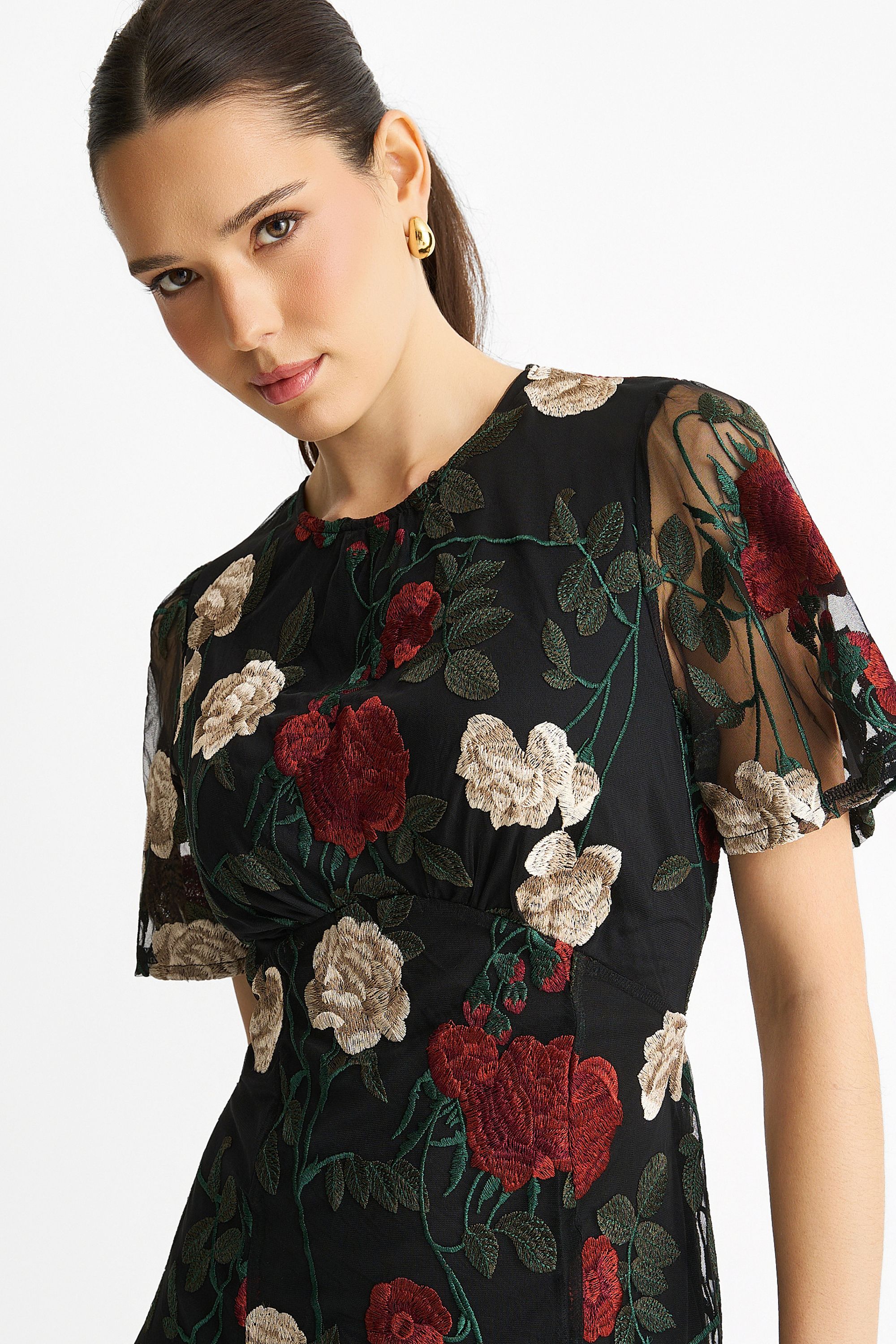Gini London Black Angel Sleeves Embroidered Occasion Midi Dress